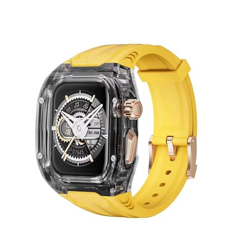 Image of AUGEN Luxury Transparent Apple Watch Modification Kit Compatible with Series 9 /8 /7 (45mm) & SE2 /6 /SE /5 /4 (44mm) | Premium Fluororubber Strap Band with Transparent Protective Case for Men & Women (Upgrade Mod Kit) (Yellow)