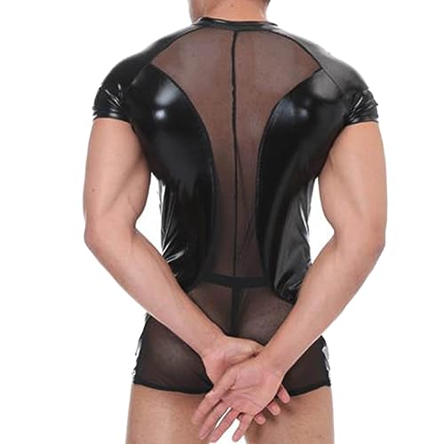 Men's Mesh Leather Bodysuit One Piece Zip Skinny Sexy Lingerie Leotard Sheer Jumpsuit Cosplay Uniform Clubwear3