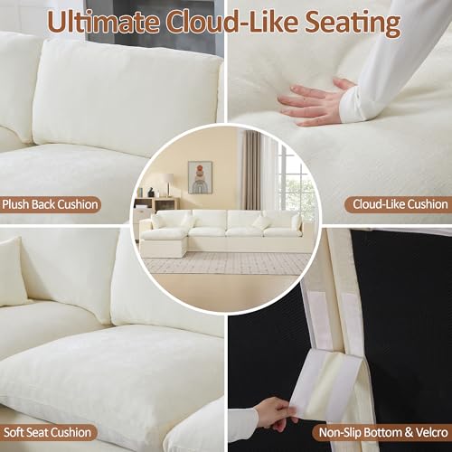 Image of 146''Cloud Boneless Sectional Couch, Modular Sectional Sofa Deep Seat with Ottoman, Oversized Upholstered Convertible Comfy 5 Seater Chenille Sofa L Shape Couches for Living Room, Beige