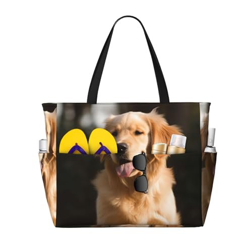 Beach Bags For Women Large Waterproof Sandproof Beach Tote Bag Lightweight Zipper Carry On Bag Golden Retriever Dog Pool Bag For Gym Travel Vocation