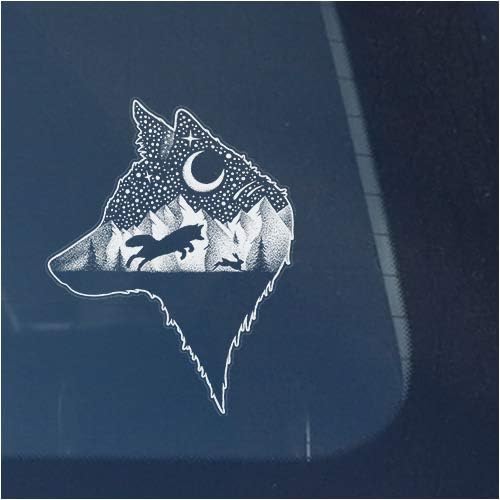 Wolf Hunting Rabbit in Mountains with Trees Clear Vinyl Decal Sticker for Window, Night Hunter Under Stars and Moon Sign Art Print Design