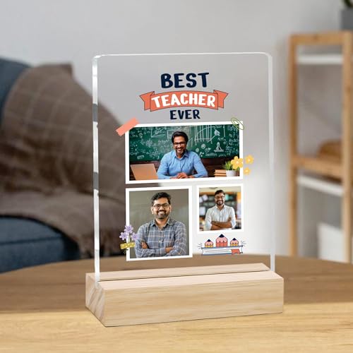 Image of Giftplease Best Teacher Plaque | Personalized Photo Frame with Wooden Stand | Appreciation Gift for Teachers | Teacher's Day Retirement Farewell Gift (Custom Photo & Text CTH 11