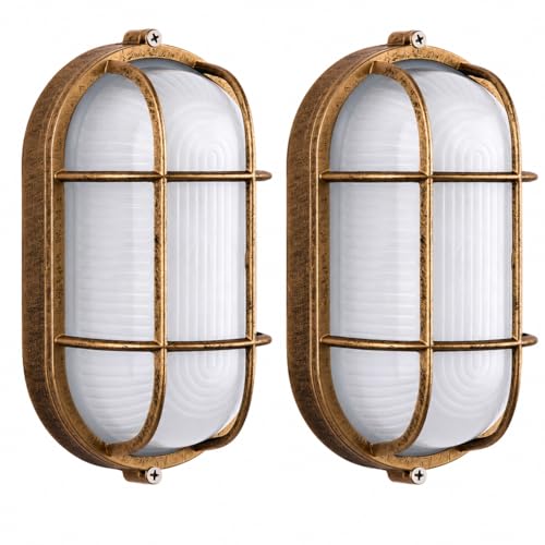 Image of 2 Pack Outdoor Oval Bulkhead Light, Vintage Nautical Wall Light with Frosted Glass & Rustproof Aluminum, E27 Base Marine Bulkhead Lamp, Wall or Ceiling Mount for Porch Garden Patio Garage Corridor
