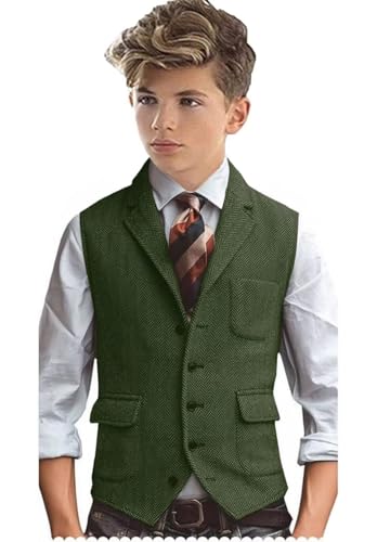 Kids Tweed Vest Vintage Herringbone Boys Vest for Wedding Prom V Neck Formal Waistcoat with Pocket
