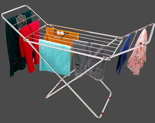 Image of Stainless Steel Clothes Drying Rack, Metal Laundry Rack, Foldable, Space-Saving, Free-Standing Airer, with Height-Adjustable Gullwings, Indoor Outdoor Use (Cross)