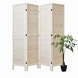 White Room Divider, Temporary Wall with Double Hinges, 5.6 Ft Tall Folding Louver Wood Screen for Home Office Bedroom Hotel Decoration (4 Panels, White-Washed)