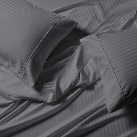 CinchFit USA No Tear Universal Split Top King Size Fits All Sleep Number Beds & All Top Split Length Sizes Stripe 100% Cotton, 4PC Sheet Set (Split Flex Top King, Grey) Cover