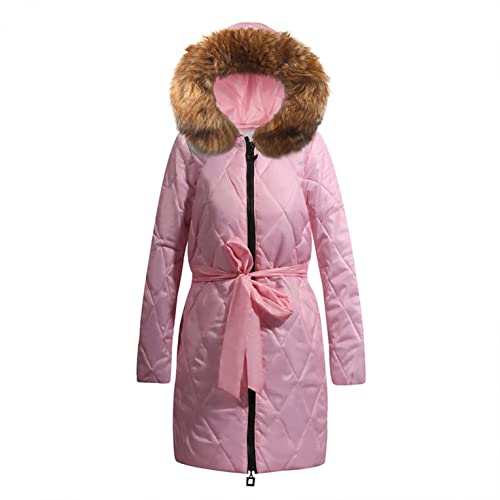 Reokoou Women s Lightweight Full-Zip Hooded Coat Winter Warm Cotton Mid-Length Jacket Belted Overcoat Outerwear