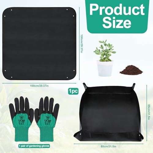 HOCUCHELAND Tapis de rempotage, 100 x 100 cm, avec gants de jardin, tapis de plantation imperméable, pliable, tapis de jardin pour semis, changement de sol, taille (noir) – vue 3