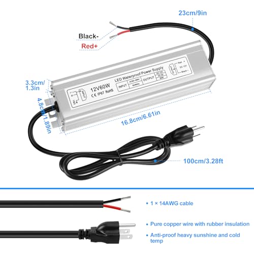 Image of 12V 60W LED Power Supply, IP67 Waterproof LED Driver Transformer, AC 90-265V to DC 12V 5A Low Voltage Converter for Outdoor Landscape Lighting and LED Strip Lights, 3-Prong Plug with 3.3FT Cable