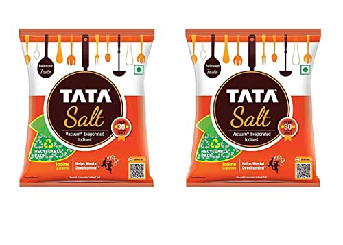 Tata Salt 1kg (Pack of 2) Vacuum Evaporated Iodised Salt Iodine Guaranteed - Combination That Aids Proper Mental and Physical Development.