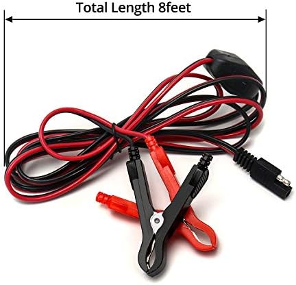 QWORK Alligator Clip to SAE Connector Cable, Solar Battery Plug SAE to Crocodile Clips, 8ft/2.5m 16 AWG 12V DC Extension Cord with Switch Quick Connect/Disconnect Snap Action