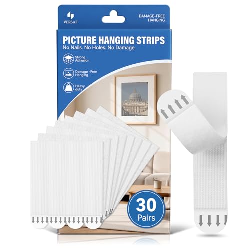 30 Pairs Heavy Duty Picture Hanging Strips - Large Adhesive Wall Hooks for Frames and Posters, Damage-Free No Nail Picture Hangers, Easy Removal, Refill Mounting Strips for Wall Decor by VERSAF - Used condition - US$8.99