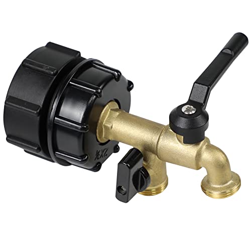 275-330 Gallon IBC Tote Water Tank Adapter, 2 in 1 Double Faucets 2.36" Coarse Thread+ 2.36"Fine Thread IBC Tote Valve Fittings Brass Hose Faucet Garden Hose Connector Replacement Parts