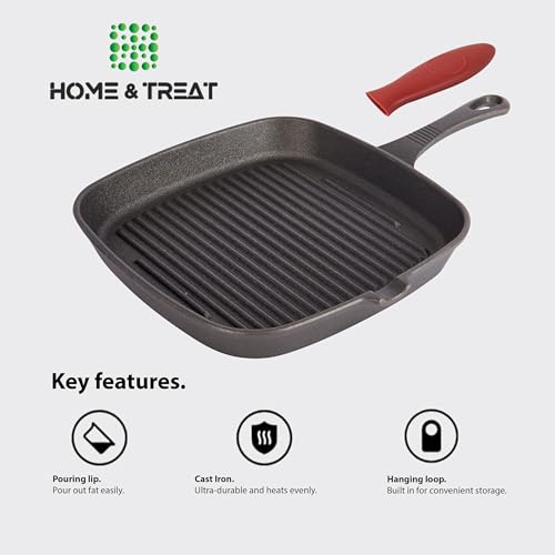 Home & Treat Heavy Duty Skillet Grill Frying Pan | Non Stick Cast Iron Square Griddle Pan for Steak Meat Bacon and Fish | Easy Grip Handle Cookware All Hob (H&T-05) - Image 3
