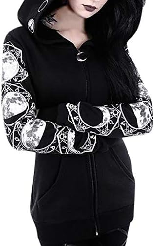 iCJJL Womens Gothic Style Moon Printed Long Sleeve Full Zip Hoodies Casual Graphic Hooded Sweatshirt Jacket with Pockets