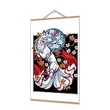 Japanese Wall Art Decor, Fox Decor, Japanese Fox And Sukura Wall Art Decorations with Scroll Wood Framed, Sushi Restaurant Decor, Modern Artwork Hanging For Living Room Bedroom, 15.7x27.5 inches