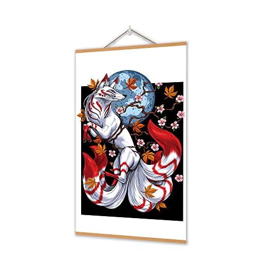 Japanese Wall Art Decor, Fox Decor, Japanese Fox And Sukura Wall Art Decorations with Scroll Wood Framed, Sushi Restaurant Decor, Modern Artwork Hanging For Living Room Bedroom, 15.7x27.5 inches