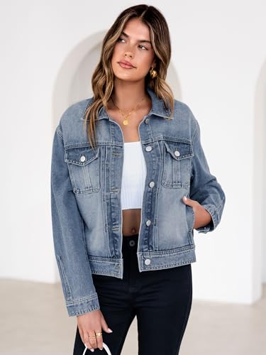 Image of Glamaker Womens Jean Jacket 2026 Casual Basic Trendy Button Down Long Sleeve denim Jacket Coat With Pockets