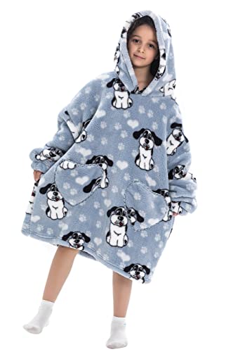 Ruiuzioong Neu 2022 Kinder Übergroße Kapuzenpullover,Pullover Sweatshirt Mit Kapuze,Flanell Hoodie Decke mit Ärmel und Tasche für Jungen Mädchen (großer Ohrhund, 7-13 Jahre) Cover