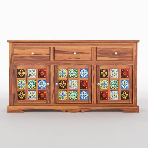 Image of Sheesham Wood Sideboard and Cabinets | Wooden Side Board Tv Cabinet with Multicolor Tiles for Living Room | Free Standing Buffet Cabinet with 3 Drawers & 3 Door Storage | Natural Finish