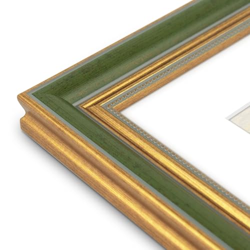 Image of Golden State Art,9x12 Ornate Picture Frame Holds 6x8 Photo,Green Gold | Includes real glass front,white mat,build-in hangers and buttons.Displays 6x8 photo on wall