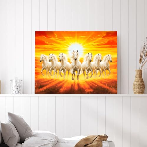 Image of ArtX Canvas 7 Horses Painting Vastu Frame Wall Art Painting, White Running Horses With Rising Sun, Wall Decor, Multicolor, Nature, 58.0 X 45.0 cm, Set of 1