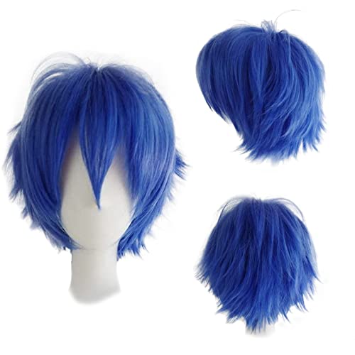 Gairyan Perruque Cosplay courte bleue unisexe Cosplay Anime Wig Lisse Perruque synthétique avec frange pour Halloween Carnaval Costume de fête à thème