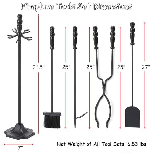 YiLifebes 5 Pcs Fireplace Tools Set, Heavy Duty Cast Iron Fire Place Poker Set with Black Handle, Complete Kit with Base, Poker, Shovel, Tongs, Brush for Indoor Hearth or Outdoor Fire Pit by YiLifebes - Image 3