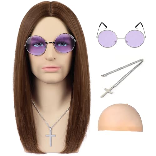 Guree Hair Long Brown Straight Rocker Wig for Men Women 80s Heavy Meetal Center Parting Wigs with Glasses Cross Necklace for Cosplay Costume Halloween Party