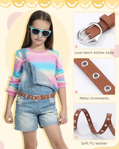Kajeer Kids Belt for Girls,2 Pcs Leather Belt PU Durable Hollow Heart Buckle Grommet Youth Toddler Belt for Uniform Casual2