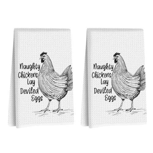 Image of 2 Pcs Funny Chicken Kitchen Towels 24x14 Inch, Chicken Lovers Gifts Reusable Dish Towels for Kitchen Home Farmhouse Decor, Waffle Weave Hand Cloth Tea Towel, Humorous Gifts for Women Men Friend