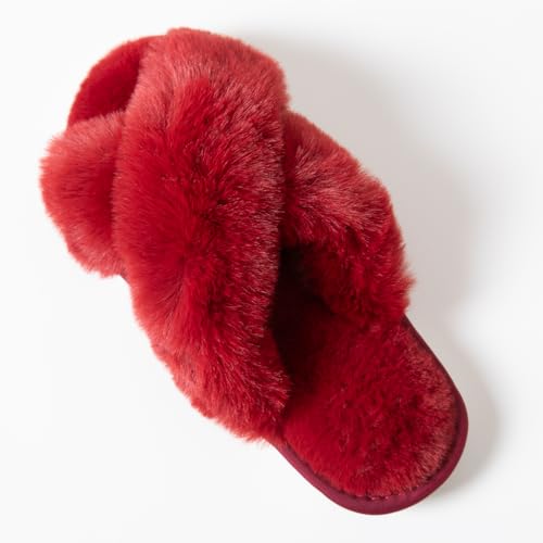 Image of Women's Cross Band Fuzzy Slippers Fluffy Open Toe House Slippers