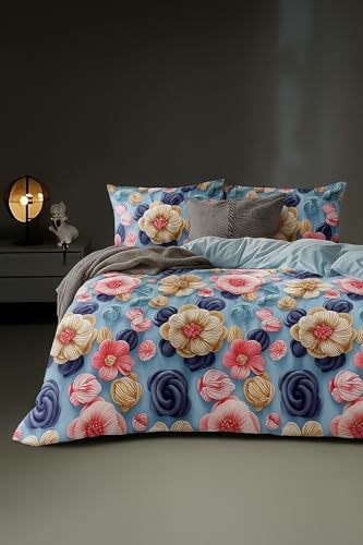 Image of DECOR2ADMIRE 300 TC Premium 7D Print Super King Size Cotton Bedsheet Set with 2 Pillow Covers | Ultra Soft 108 inch x 108 inch | Elegant Floral Designs (Blue Blooms)
