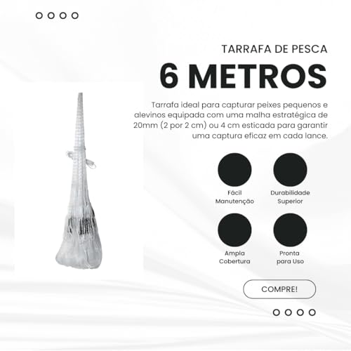Tarrafa de pesca rede pequena 6 metros malha 12 mm