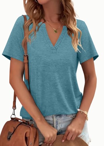 Image of WEESO Womens Tops Summer Short Sleeve V Neck Blouses Business Casual Loose Fit Tshirts Trendy Fashion Outfits