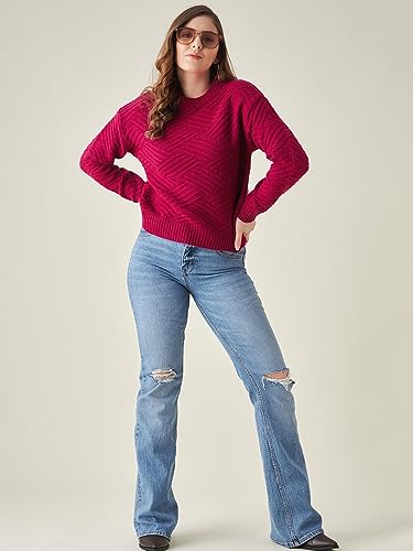 Image of Modeve Self Design Round Neck Casual Women Crop Top Sweater||Winterwear||