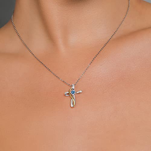 Gem Stone King 925 Sterling Silver and 10K Yellow Gold Persian Blue Moissanite and White Lab Grown Diamond Infinity Cross Pendant Necklace (0.26 Cttw, with 18 Inch Chain) - Image 4