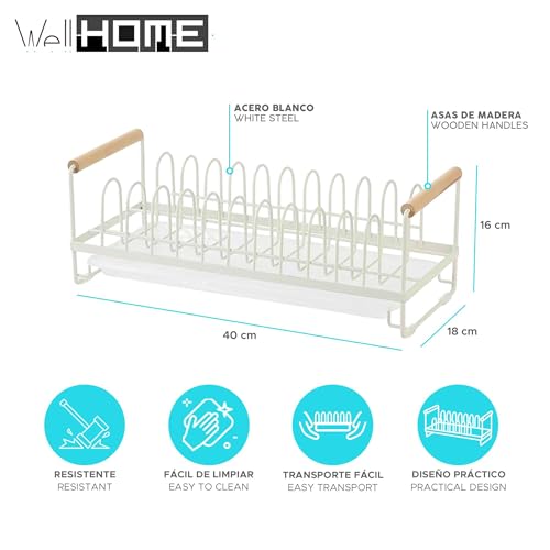 Escurreplatos para encimera en acero blanco con asas de madera 40x18x16cm - imagen 2