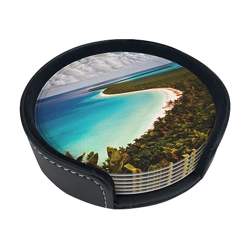 Lot de 6 sous-Verres Ronds en Cuir imprimé île de Cuba avec Plateau en Cuir pour la Maison et Le Bureau