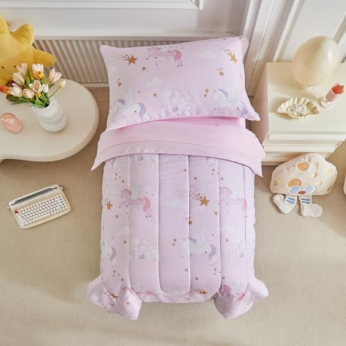 Image of Unicorn Toddler Bedding Set for Girls Pink Unicorn Stars 4PC Toddler Bed Set - Soft Castle and Sky Cute Princess Toddler Bed in a Bag with Pink Sheet Set and Pillow Shams
