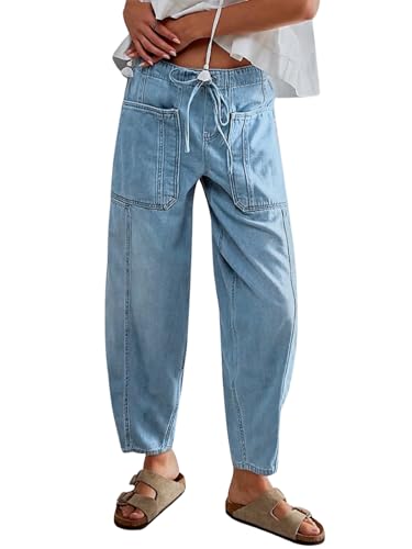 Women's Wide Leg Baggy Jeans Elastic Waist Barrel Jeans Trendy Loose Drawstring Ankle Denim Pants Light Blue