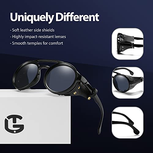 Technigadgets Finnegan Steampunk Retro Sunglasses Men Women with Leather Side Shield Double Bridge Plastic Frame Mens Gift3