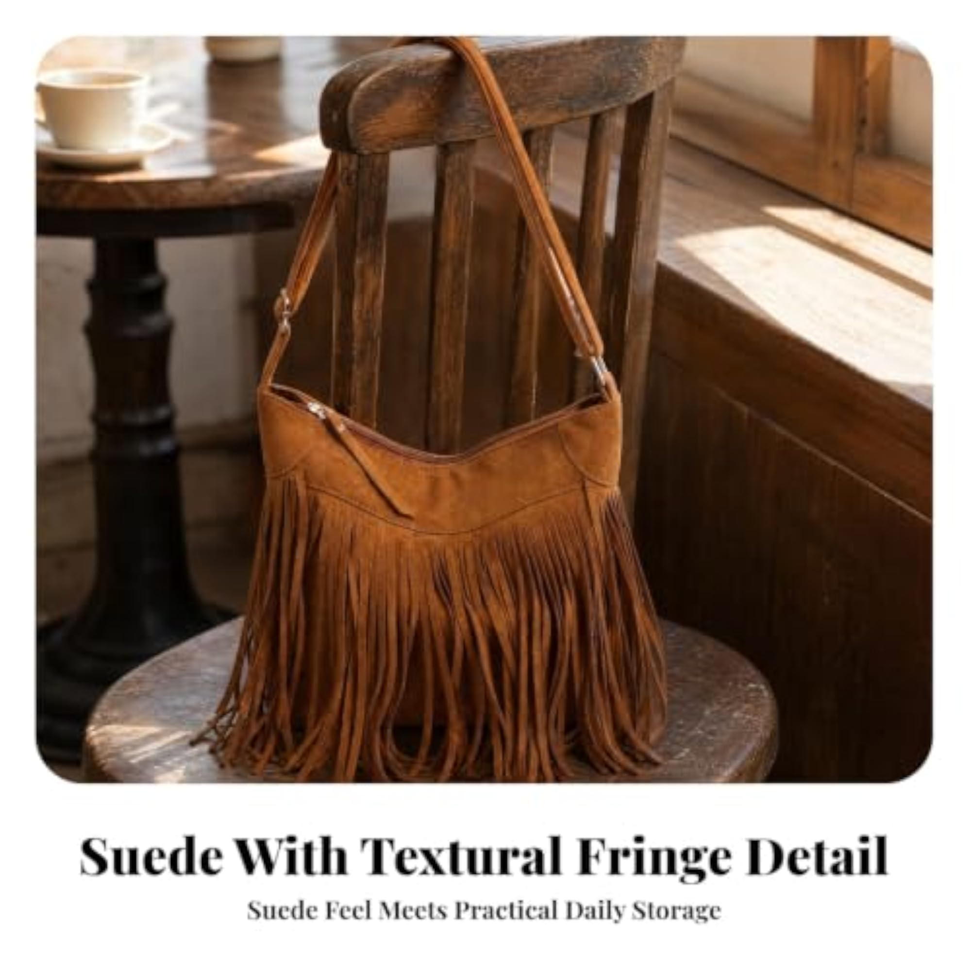 Medium-Sized Fringe Patchwork Shoulder Bag, Suede-Like