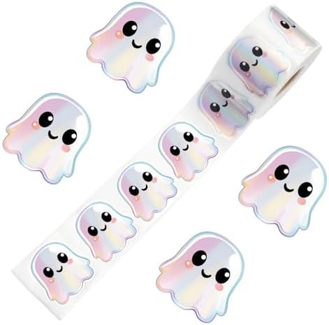 500Pcs Halloween Ghost Stickers Roll – Holographic Cute Ghost Stickers, Waterproof Self-Adhesive Halloween Sticker Decals for Party, Envelope, Scrapbook & Journal Decor (A)