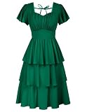 Belle Poque Women's Layers Ruffle Dress Flowy Swing Dress Short Flounce Sleeves Elegant Vintage Square V Neck Dress Dark Green