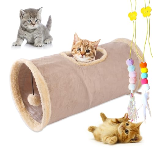 mymai Faltbarer katzentunnel mit weichem Wildlederbezug, interaktiver Rascheltunnel für Katzen mit 2 Hängenden Spielzeugen, ideal für Kaninchen kleine Haustiere (Khaki, A)