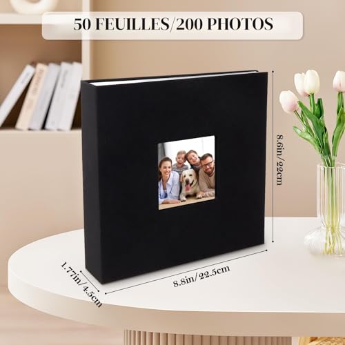 OWill Album Photo en Lin 10x15 cm avec 100 Pochettes pour 200 Photos, Classeur avec Espace Auto-conçu pour Mariage, Bébé, Voyage - Noir 22x22 cm – vue 2