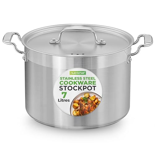 NutriChef Stainless Steel Stock Pot 7 Litre – Large Induction Cooking Pot with Lid, 18/8 Food Grade Steel, Mirror Finish, for Soups, Stews, Pasta, Catering, Gas, Electric & Halogen Hob Compatible