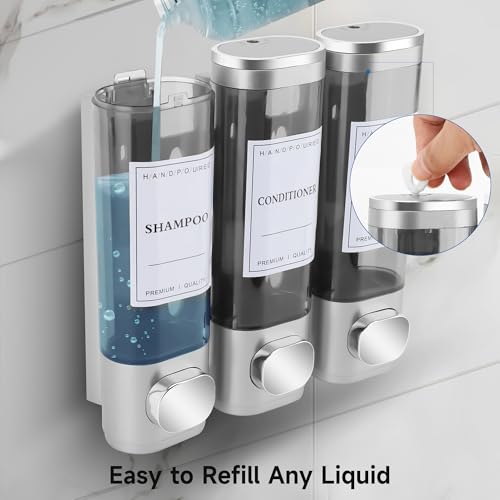 MEKOTRIN Shampoo and Conditioner Dispenser, Shower Soap Dispenser Wall Mounted 3 Chamber 300ml, Refillable Hand Soap Dispensers, Body Wash Dispenser for Bathroom Kitchen Hotel Home 5 Colors(Silver) by MEKOTRIN - Image 4